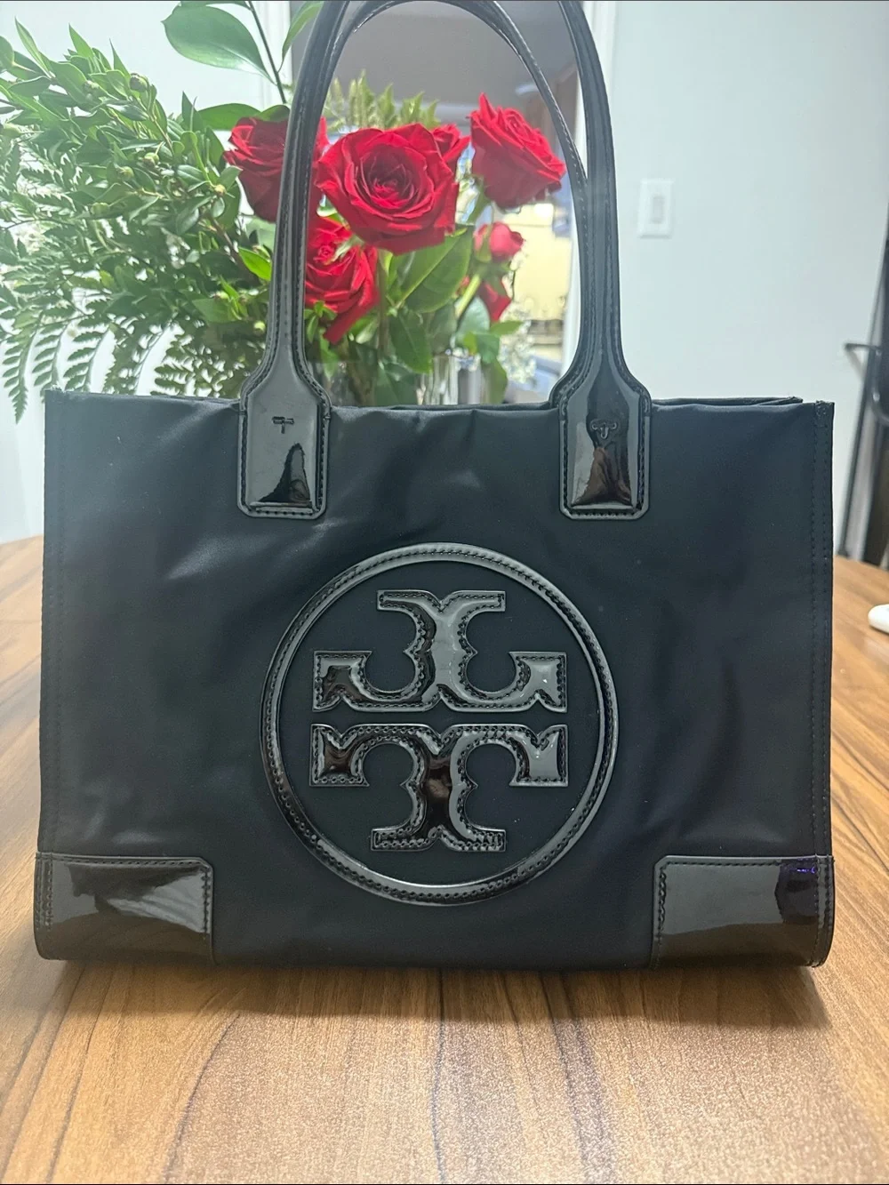 Tory Burch Black Nylon Tote with Patent Logo Accents